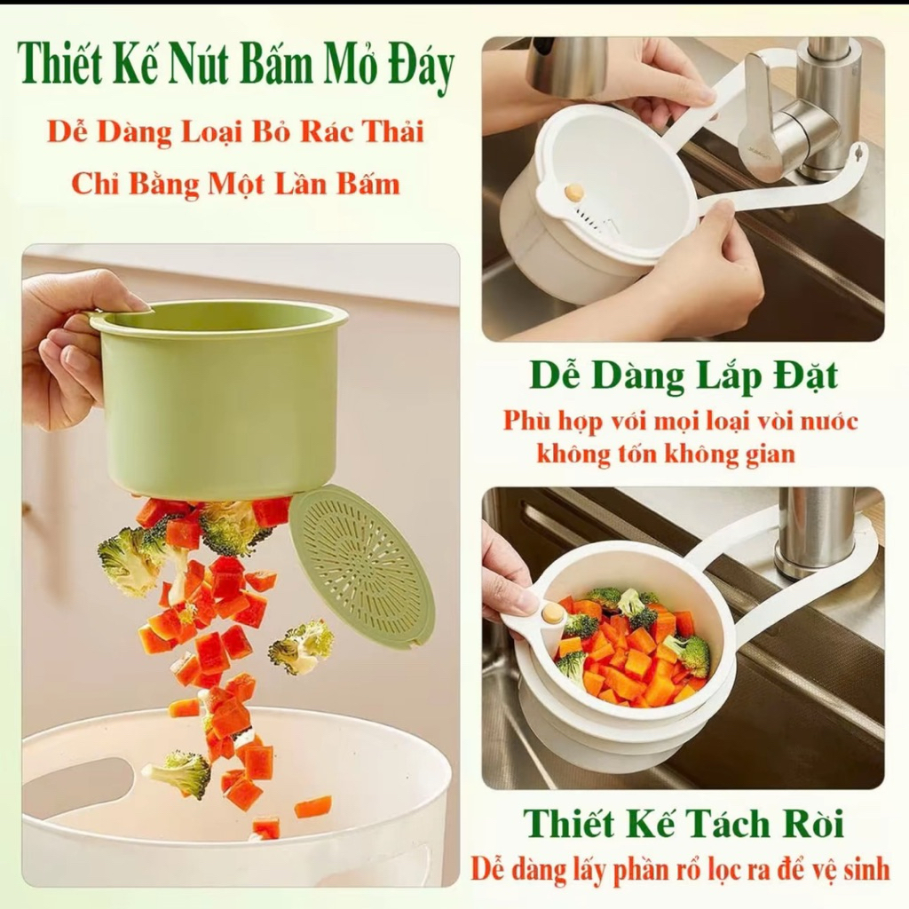 Giỏ treo bồn rửa chén đa năng có lỗ thoát nước, rổ lọc rác tích hợp nút bấm đổ thức ăn thừa tiện lợi có thể tháo rời