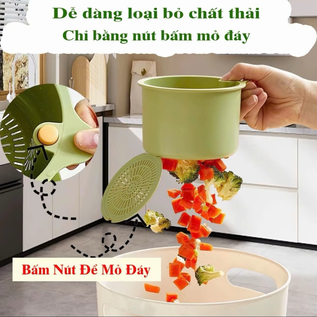 Giỏ treo bồn rửa chén đa năng có lỗ thoát nước, rổ lọc rác tích hợp nút bấm đổ thức ăn thừa tiện lợi có thể tháo rời