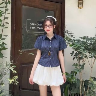 Áo sơ mi nữ sọc dáng ngắn tay phồng rút eo chất cotton mềm phong cách công sở VANISA SMS400