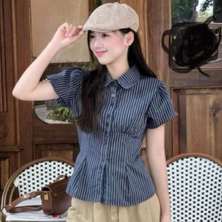 Áo sơ mi nữ tay phồng dáng ngắn rút eo sọc thanh lịch dễ phối phong cách hàn quốc VANISA SMS400