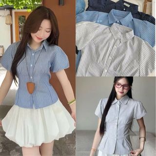 Áo sơ mi nữ sọc hàn quốc cổ bẻ tay phồng nhẹ form ngắn dễ phối đồ phong cách bánh bèo VANISA SMS400