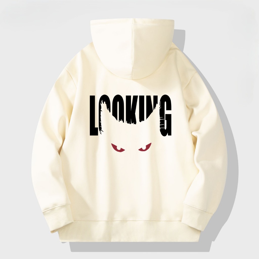 Áo Hoodie Nam Nữ HappyTee - Mẫu HOODIE LOOKING đôi mắt Mèo – Đơn giản mà chất 3 màu Đen Kem Trắng