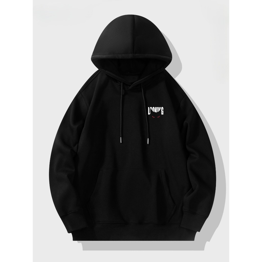 Áo Hoodie Nam Nữ HappyTee - Mẫu HOODIE LOOKING đôi mắt Mèo – Đơn giản mà chất 3 màu Đen Kem Trắng