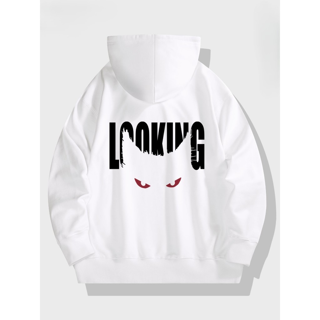 Áo Hoodie Nam Nữ HappyTee - Mẫu HOODIE LOOKING đôi mắt Mèo – Đơn giản mà chất 3 màu Đen Kem Trắng
