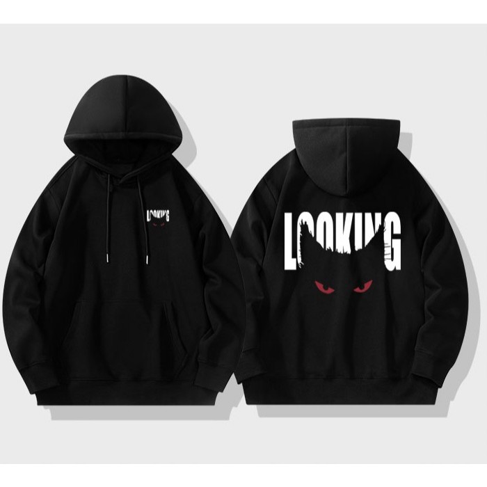 Áo Hoodie Nam Nữ HappyTee - Mẫu HOODIE LOOKING đôi mắt Mèo – Đơn giản mà chất 3 màu Đen Kem Trắng