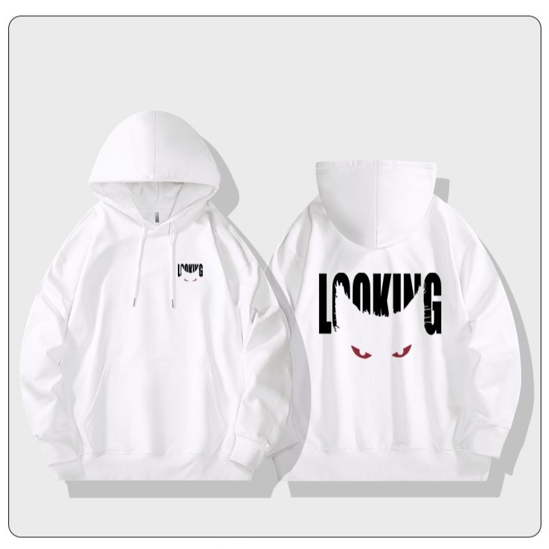 Áo Hoodie Nam Nữ HappyTee - Mẫu HOODIE LOOKING đôi mắt Mèo – Đơn giản mà chất 3 màu Đen Kem Trắng