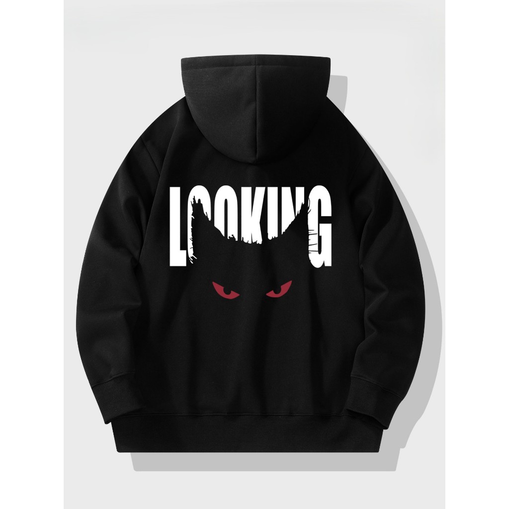 Áo Hoodie Nam Nữ HappyTee - Mẫu HOODIE LOOKING đôi mắt Mèo – Đơn giản mà chất 3 màu Đen Kem Trắng