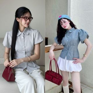 Áo sơ mi nữ sọc dáng ngắn tay phồng rút eo chất cotton mềm phong cách công sở VANISA SMS400