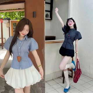 Áo sơ mi nữ sọc dáng ngắn tay phồng rút eo chất cotton mềm thời trang công sở VANISA SMS400