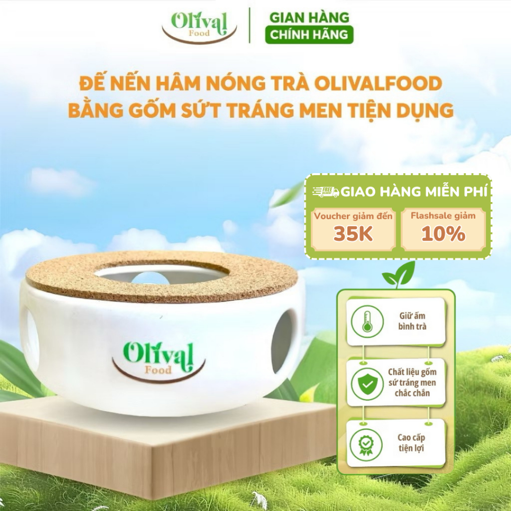 Bộ bình trà bằng thủy tinh - Đế nến hâm nóng trà OlivalFood bằng gốm sứ tráng men tiện dụng