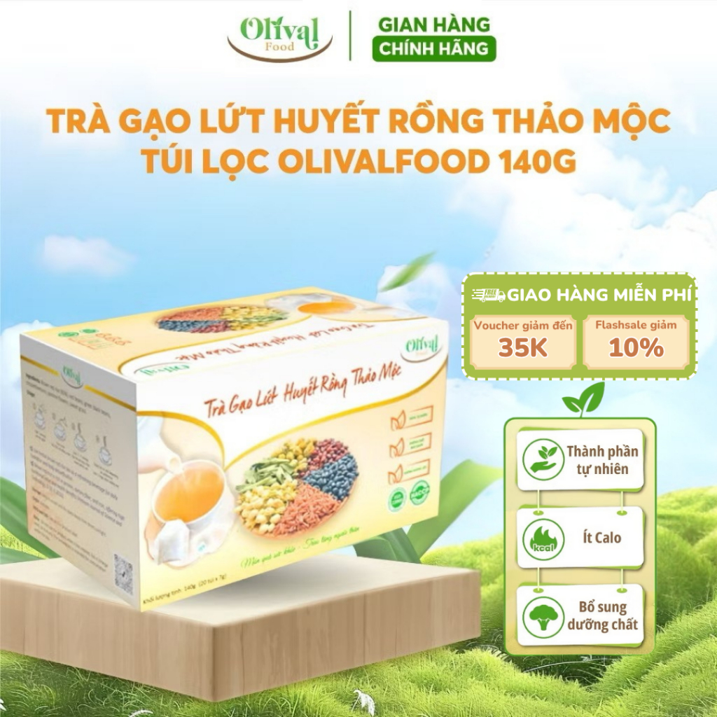 Trà gạo lứt huyết rồng thảo mộc túi lọc OlivalFood Hộp 140g - Thanh lọc cơ thể, ngủ ngon, đẹp dáng sáng da