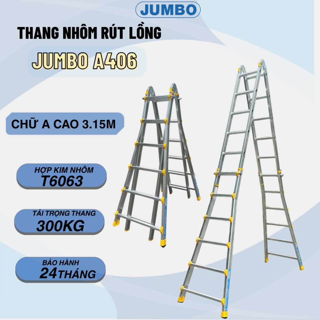 JUMBO Thang Nhôm Rút Lồng A406, Chữ A Cao 3.15M, Chữ I Cao 6.3M, Hợp ...