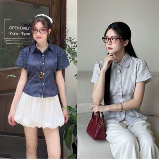 Áo sơ mi nữ tay phồng dáng ngắn rút eo sọc thanh lịch dễ phối phong cách hàn quốc VANISA SMS400