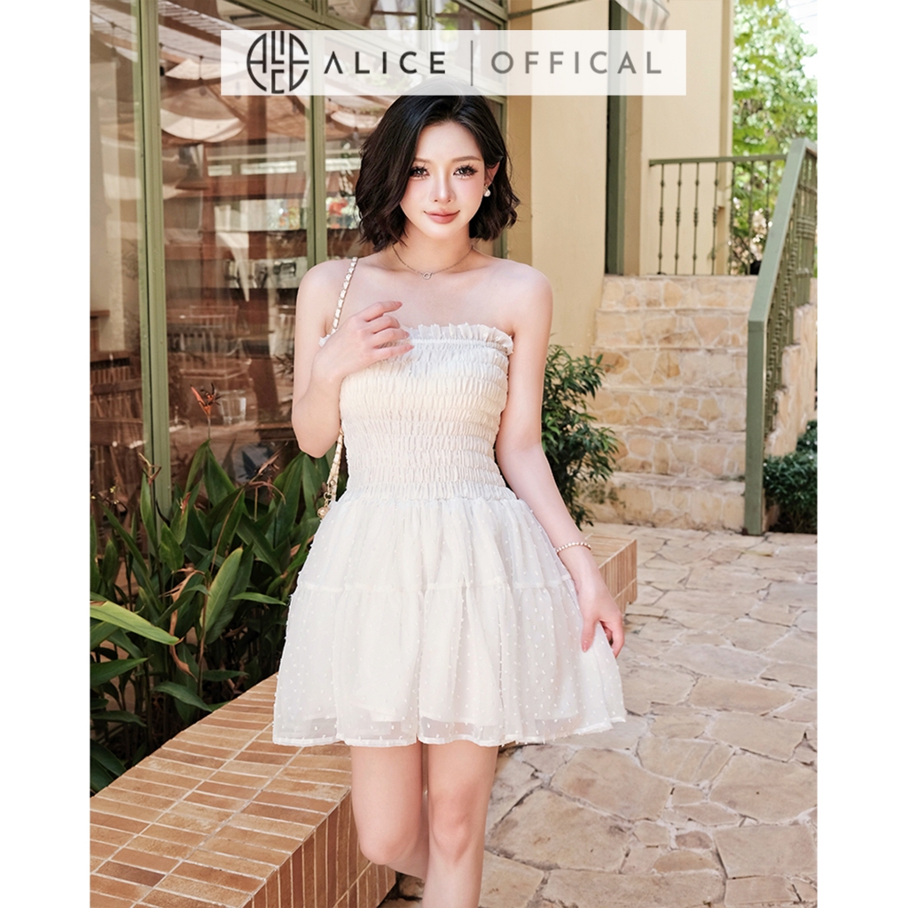 Set Váy Tiểu Thư Alice, Đầm Tơ Chấm Bi Dáng Chun Cúp Ngực Phối Áo Cadigan Mỏng Chất Chun Gân S978