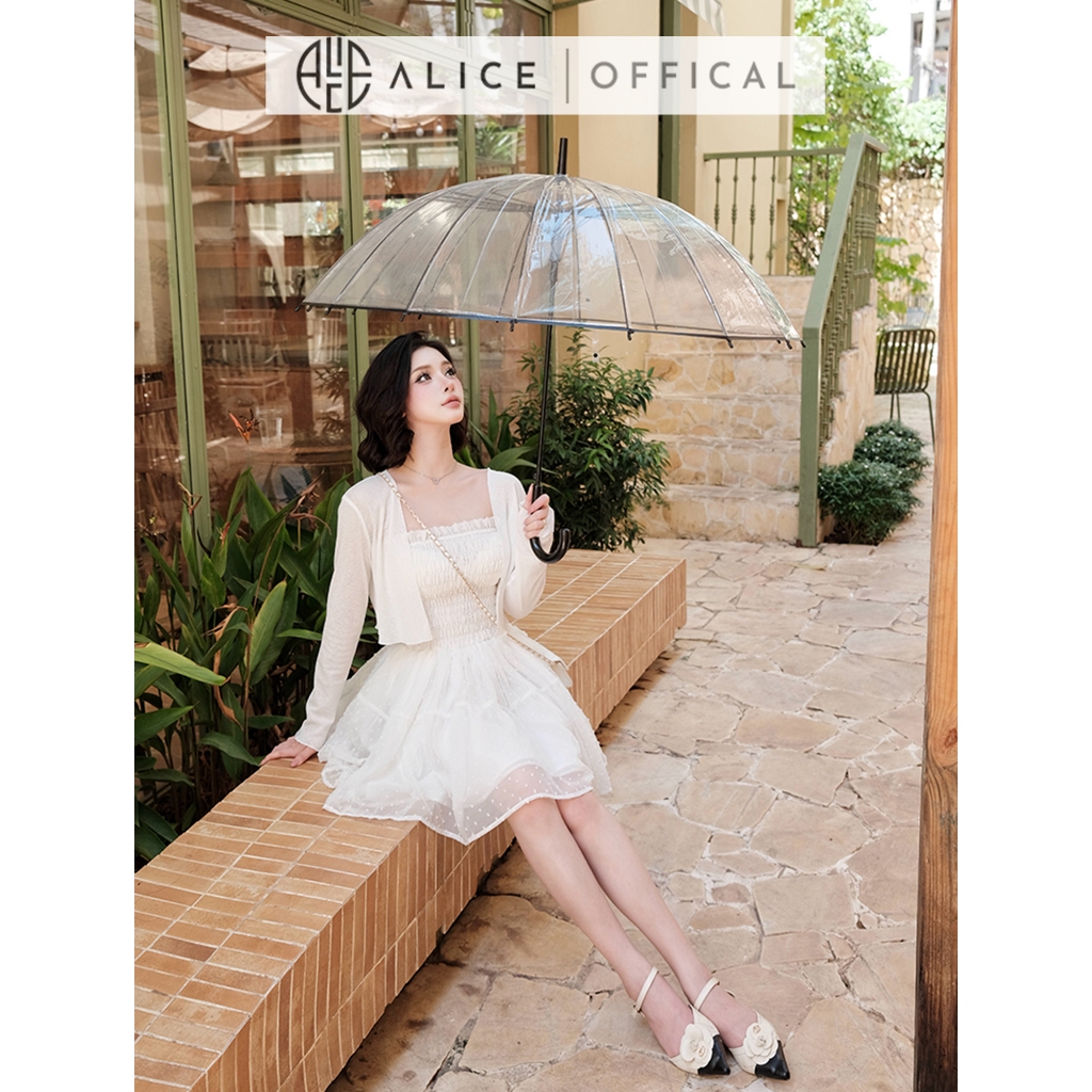 Set Váy Tiểu Thư Alice, Đầm Tơ Chấm Bi Dáng Chun Cúp Ngực Phối Áo Cadigan Mỏng Chất Chun Gân S978