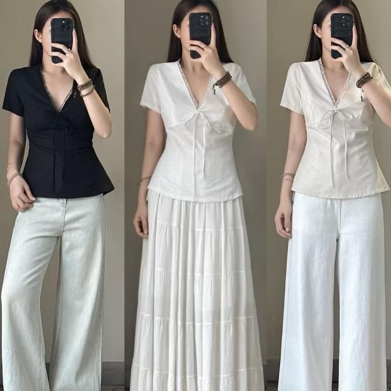 Tiany AT022: Áo Kiểu Linen Cổ V Phối Viền Ren Tay Ngắn Mát Mẻ Mùa Hè Chất Liệu Linen Mềm Mát Phong Cách Nữ Tính