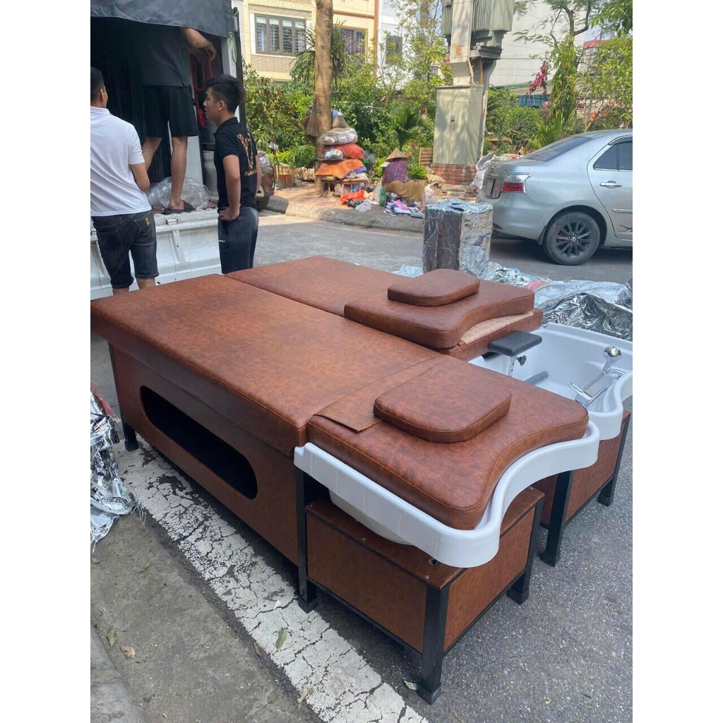 Giường gội đầu spa liền bồn massage cao cấp – giường spa đa năng có bồn gội gỗ, nệm da êm ái