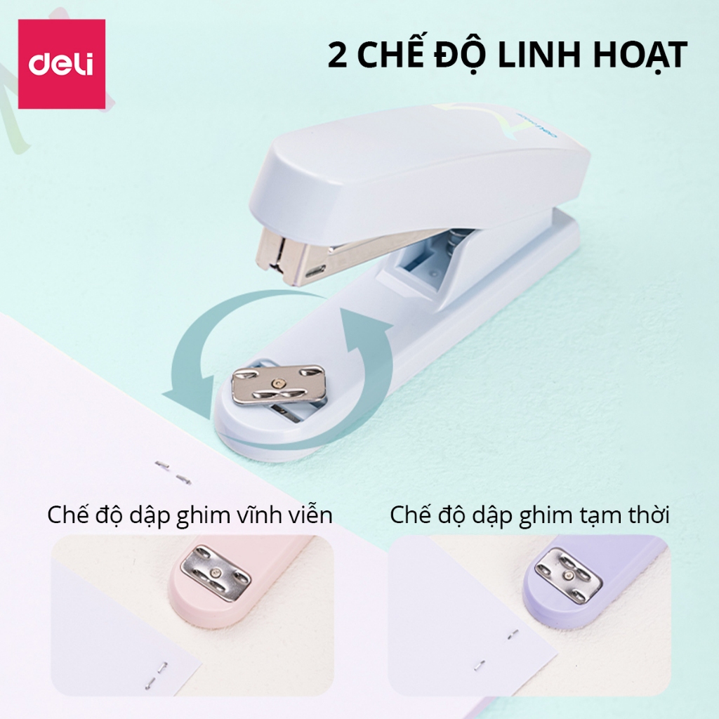 Dập Ghim 2 Chế Độ Màu Pastel Deli 50 Trang Dùng Ghim 24/6 Hoặc 26/6 Nhỏ Gọn Tiện Lợi Học Sinh Văn Phòng