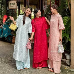 CÓ BIGSIZE - Áo dài gấm tafta TRÁC NGHIÊN cổ trụ truyền thống phối cúc tàu kèm quần Satin AD195