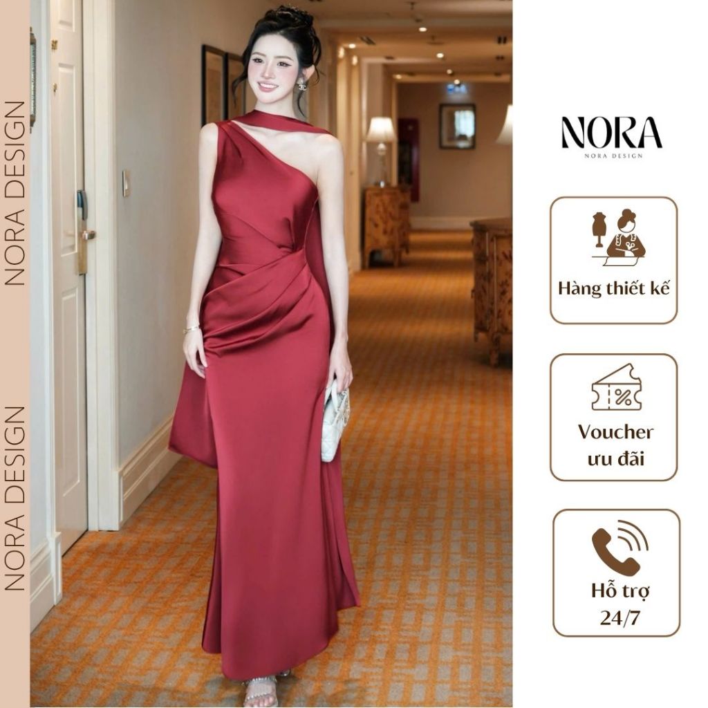 Váy Lụa Dự Tiệc Cưới Cao Cấp NORA, Đầm Dáng Dài, Lệch Vai, Xếp Ly Eo Tạo Điểm Nhấn Nổi Bật Sang Trọng T307