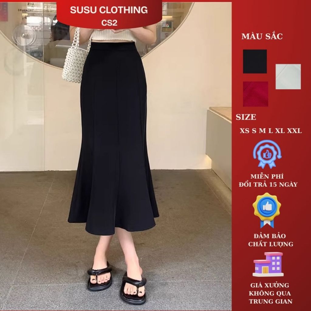 Chân váy đuôi cá 8 mảnh cạp lưng cao dáng dài midi cao cấp 2 lớp có lót susuclothing  duôi cá 85
