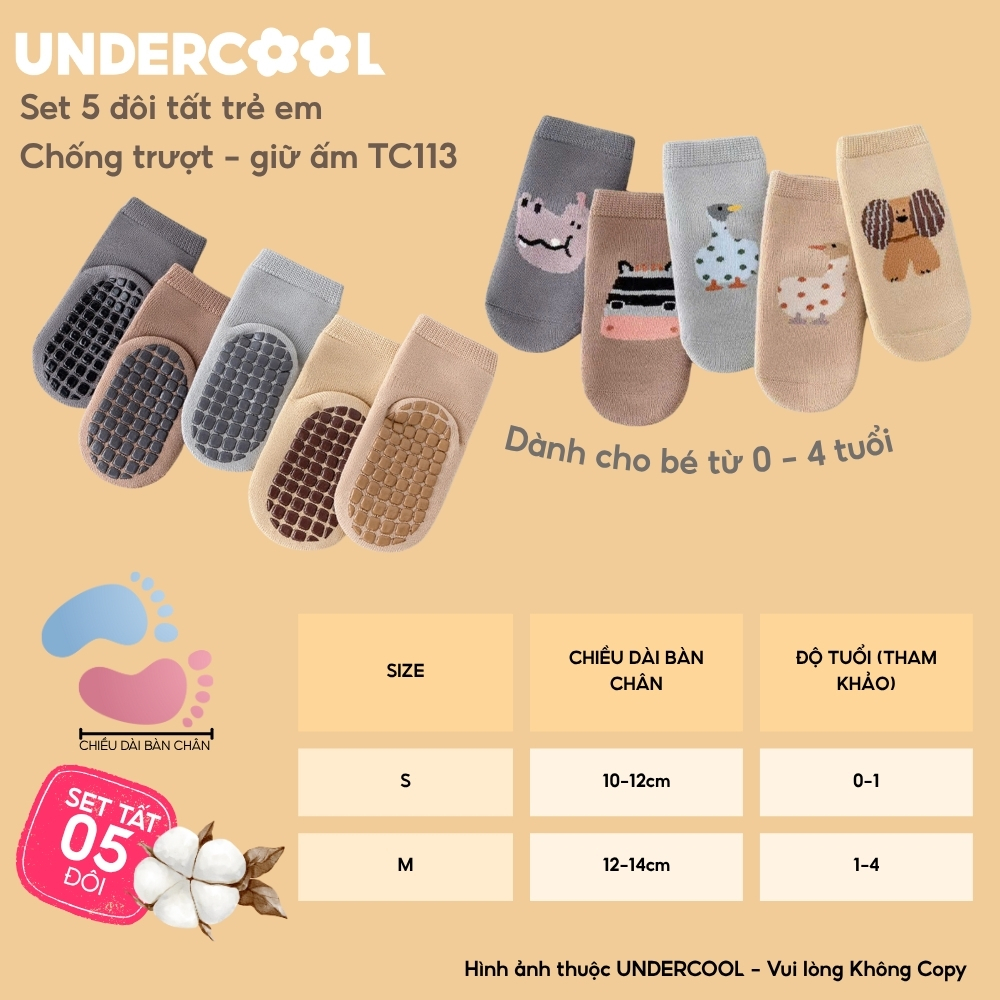 Set 5 Đôi Tất Trẻ Em Chống Trượt UNDERCOOL vớ tập đi Vớ Sơ Sinh Giữ Ấm Cho Bé Trai Bé Gái 0-4 Tuổi TC113