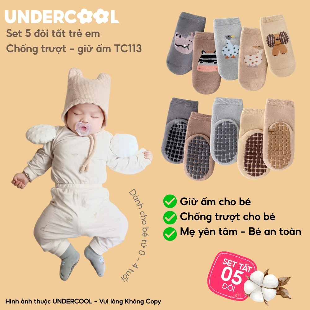 Set 5 Đôi Tất Trẻ Em Chống Trượt UNDERCOOL vớ tập đi Vớ Sơ Sinh Giữ Ấm Cho Bé Trai Bé Gái 0-4 Tuổi TC113