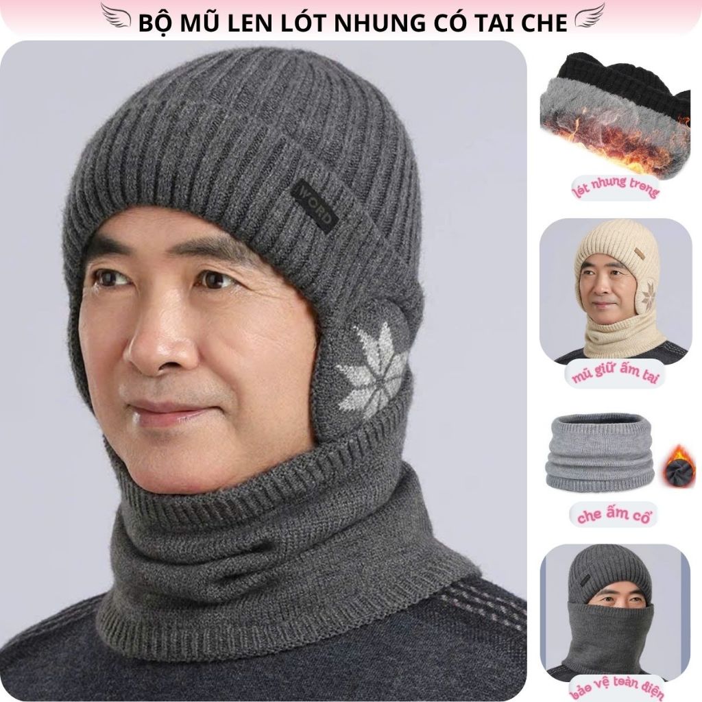 Bộ mũ len kèm khăn rời có lót nhung bên trong, Nón len lông có tai và ...