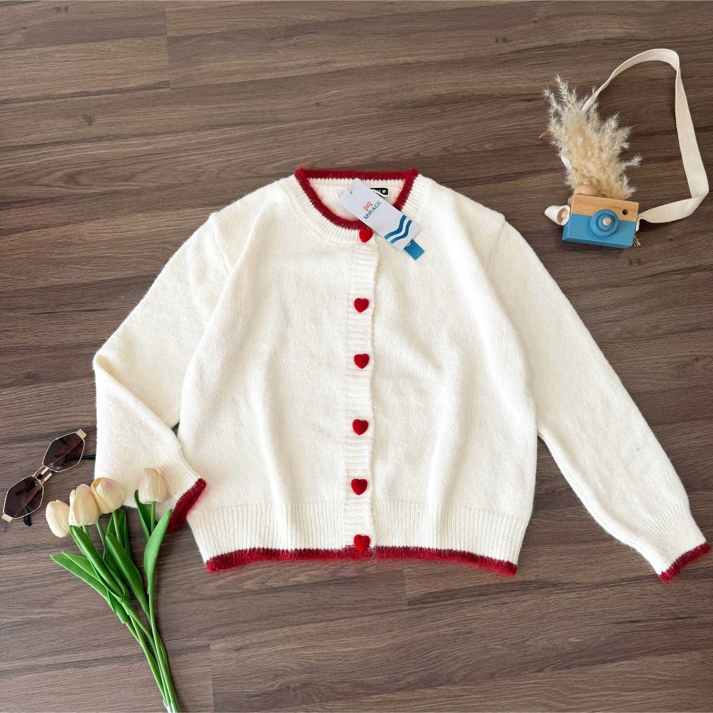Áo Khoác Cardidgan Mirage Viền Nút Tim Kem Local Brand Chất Len Mềm Mịn.