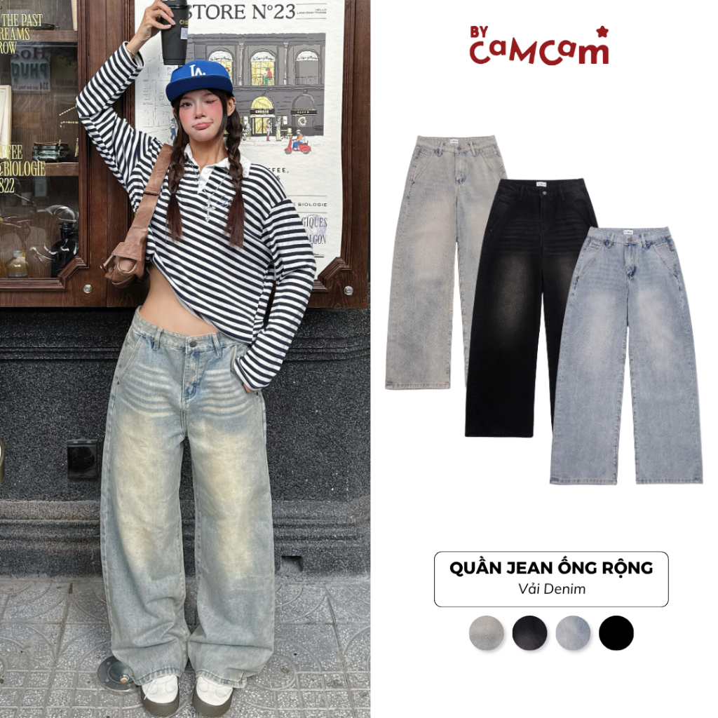 Quần Jean 𝑩𝒚𝒄𝒂𝒎𝒄𝒂𝒎 Ống Rộng Tôn Dáng Quần Bò Wash Màu Unisex Thời Trang Nam Nữ QTD001