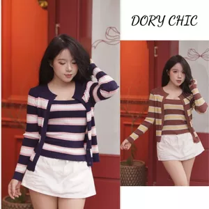 Set Cardigan len dài tay kẻ sọc ngang mix áo 2 dây tiểu thư CDG3 DORY CHIC