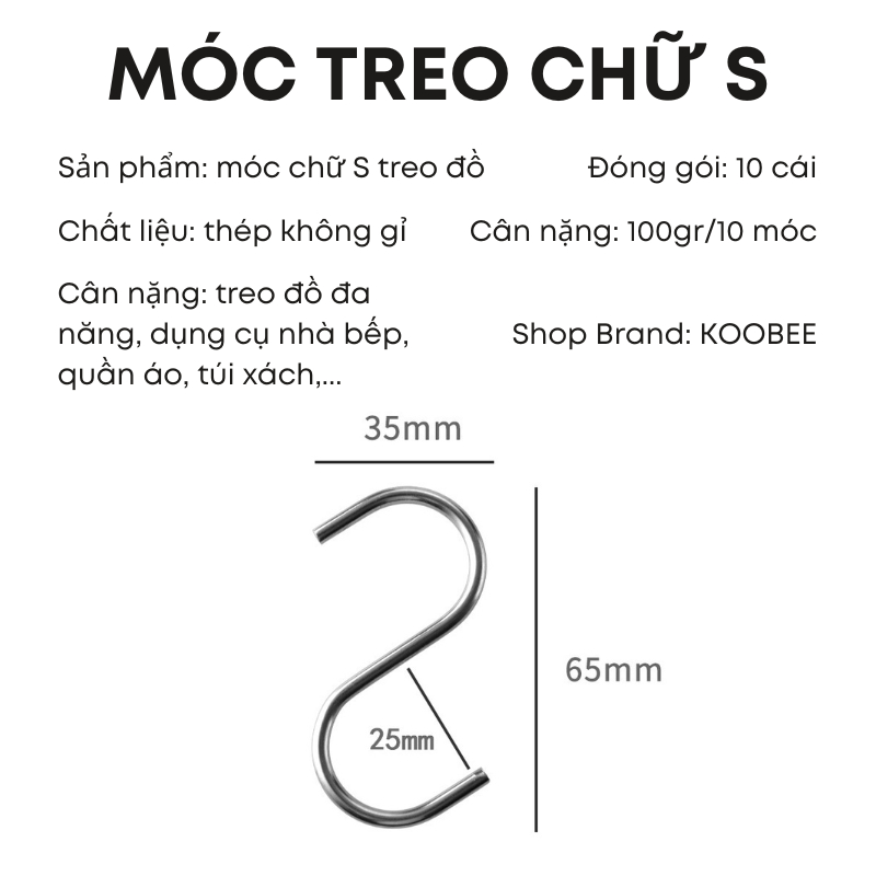 Set 10 Móc Treo Đồ Đa Năng Chữ S KOOBEE – Chất Liệu Inox Bền Đẹp, Treo Gọn Gàng Mọi Vật Dụng | 045
