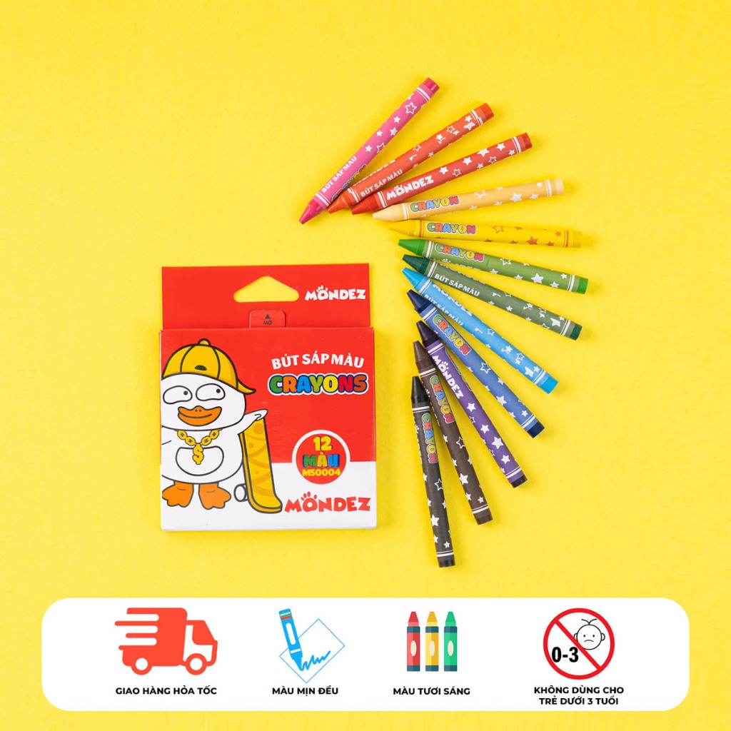 Hộp Sáp 12 Màu MONDEZ Màu Sắc Nét, Nét Mịn Màng, Không Bị Phai, Bong Tróc Theo Thời Gian Phù Hợp Cho Bé M50004