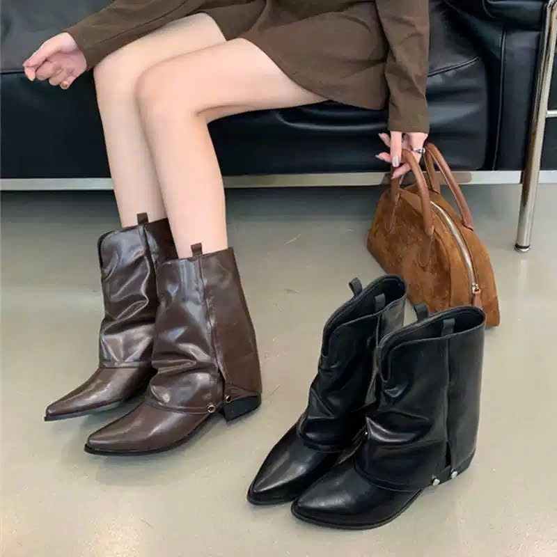Giày Bốt Nữ Mũi Nhọn Cổ Nhún Gót Thấp Da Mềm Cao Cấp Đế Vuông Phong Cách Western B20_NT Shoes