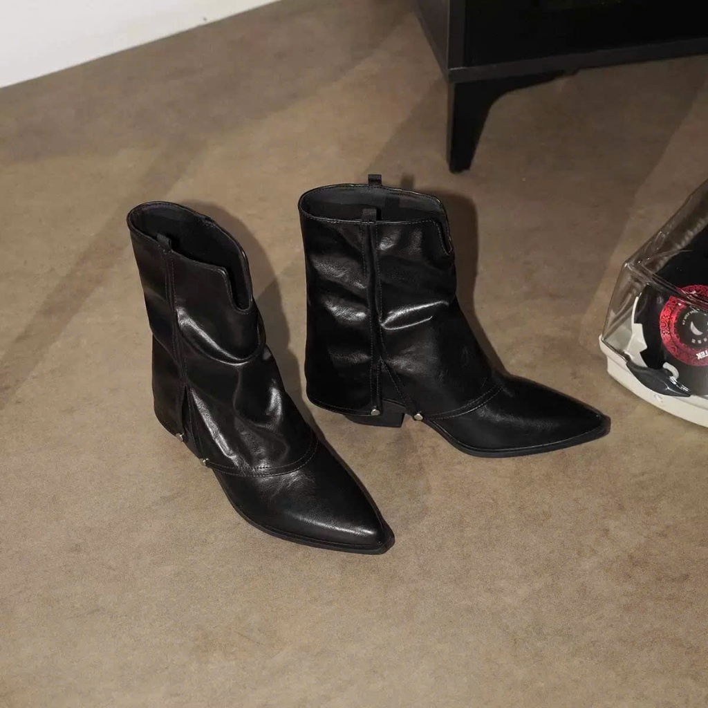 Giày Bốt Nữ Mũi Nhọn Cổ Nhún Gót Thấp Da Mềm Cao Cấp Đế Vuông Phong Cách Western B20_NT Shoes