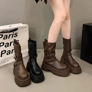 Giày Boots Nữ Cổ Lửng Khóa Đai Đế Bánh Mì Đế Gân Chống Trượt Phong Cách Biker Cá Tính B22_NT Shoes