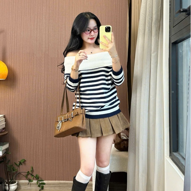 Áo Len Nữ Hở Vai Tay Dài Sọc Kẻ, Phong Cách Hàn Quốc Dễ Thương – Áo Len Trễ Vai Joolate