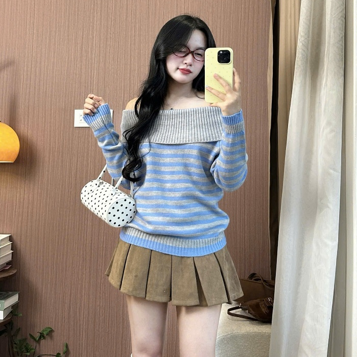 Áo Len Nữ Hở Vai Tay Dài Sọc Kẻ, Phong Cách Hàn Quốc Dễ Thương – Áo Len Trễ Vai Joolate