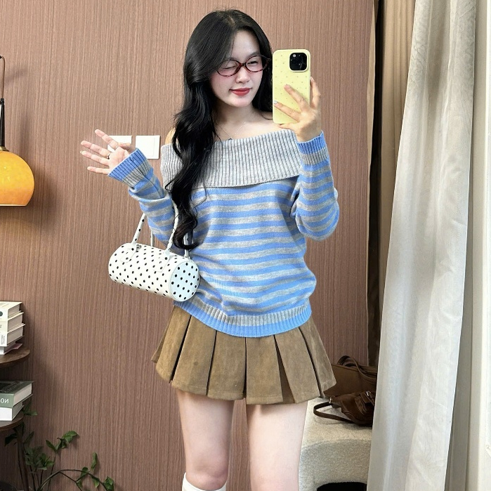Áo Len Nữ Hở Vai Tay Dài Sọc Kẻ, Phong Cách Hàn Quốc Dễ Thương – Áo Len Trễ Vai Joolate