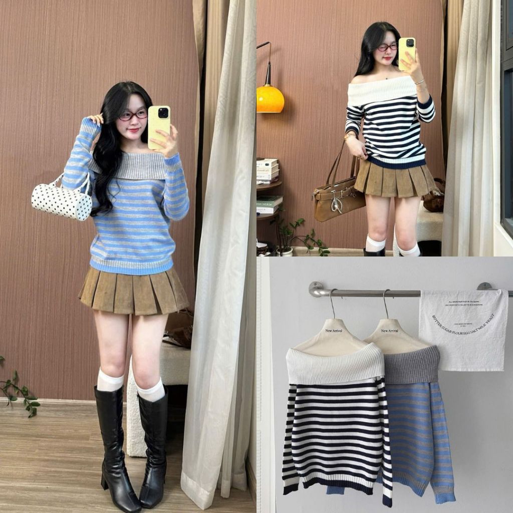 Áo Len Nữ Hở Vai Tay Dài Sọc Kẻ, Phong Cách Hàn Quốc Dễ Thương – Áo Len Trễ Vai Joolate