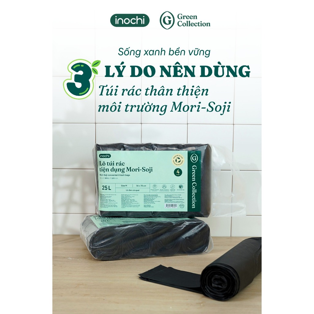 Lô 4 cuộn túi rác tiện dụng có quai màu đen - INOCHI, nhiều màu, size 10L-25L-50L
