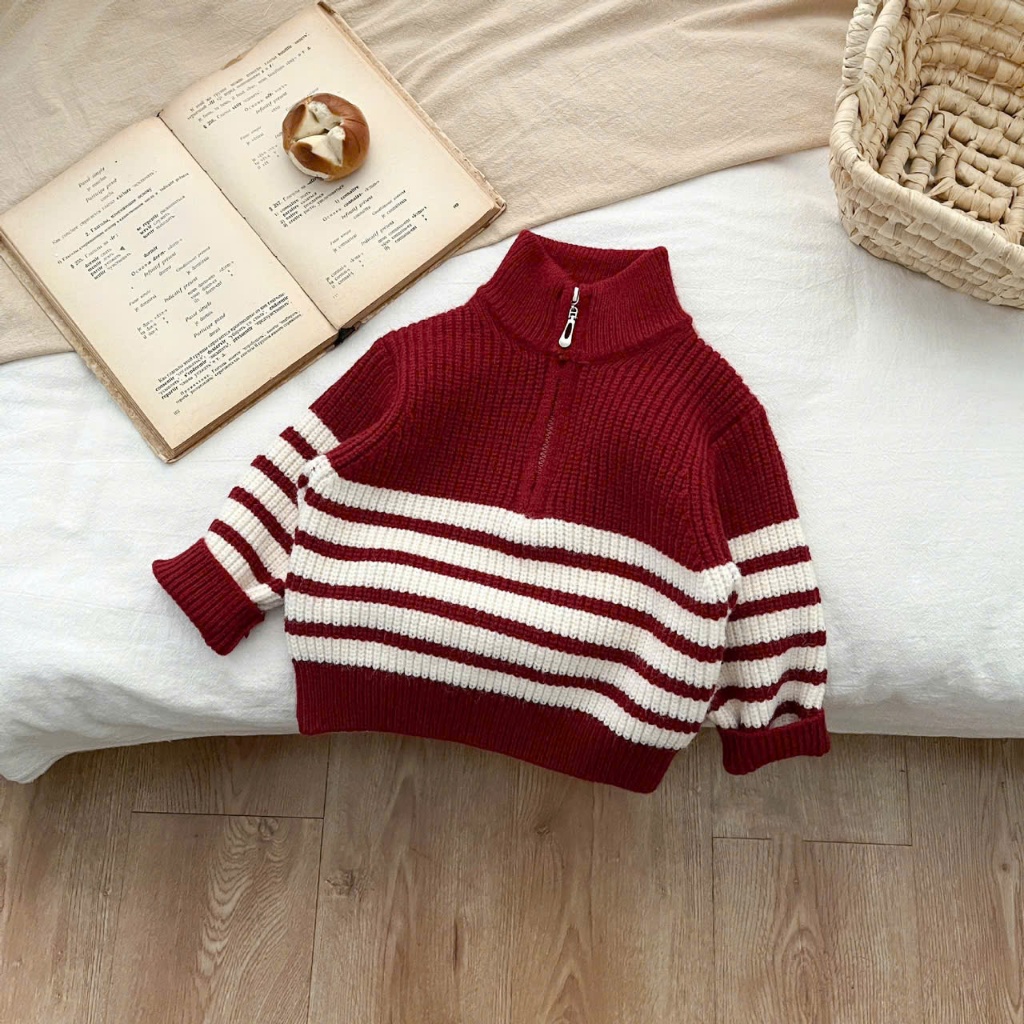 Sẵn Ship-  Áo Len kéo khóa kẻ ngang trắng vs quần thô hàng quảng châu cao cấp cho bé trai bé gái 5-17kg mix đồ