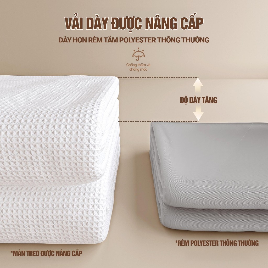 Kaleis Rèm Nhà Tắm Siêu Dày Cao Cấp, Chống Nước, Chống Mốc, Họa Tiết Vân Waffle, Không Cần Đục Lỗ TẶNG MÓC TREO