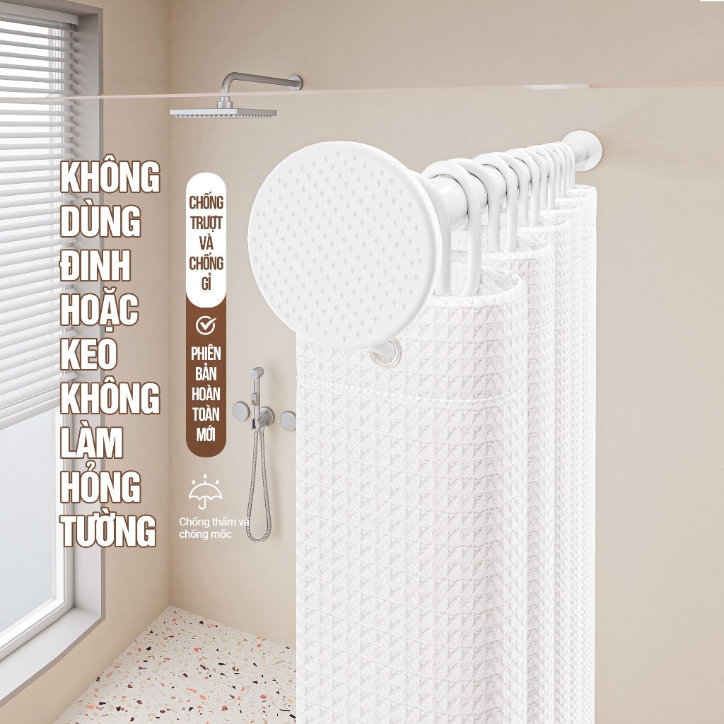 Kaleis Rèm Nhà Tắm Siêu Dày Cao Cấp, Chống Nước, Chống Mốc, Họa Tiết Vân Waffle, Không Cần Đục Lỗ TẶNG MÓC TREO