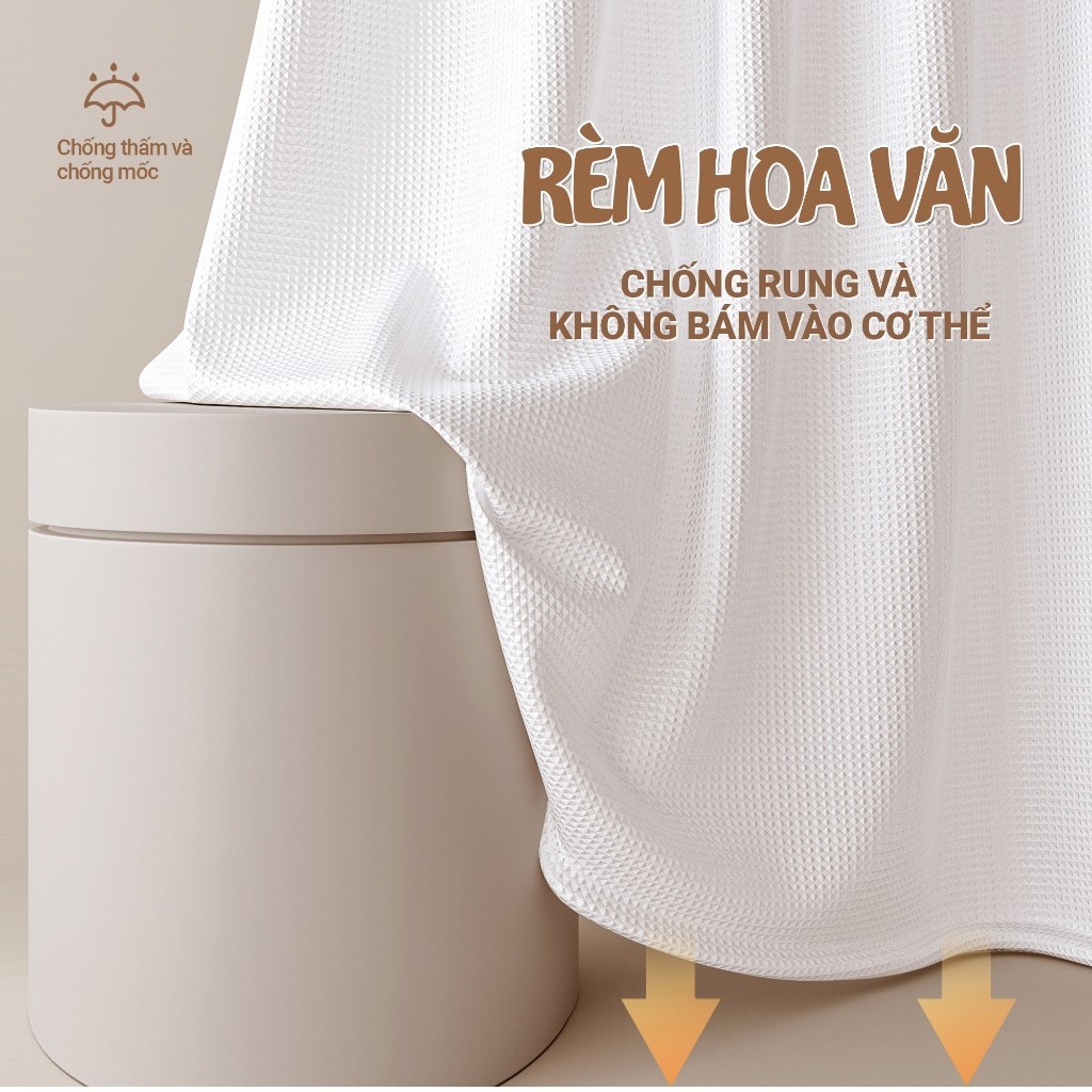 Kaleis Rèm Nhà Tắm Siêu Dày Cao Cấp, Chống Nước, Chống Mốc, Họa Tiết Vân Waffle, Không Cần Đục Lỗ TẶNG MÓC TREO
