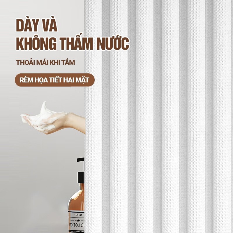 Kaleis Rèm Nhà Tắm Siêu Dày Cao Cấp, Chống Nước, Chống Mốc, Họa Tiết Vân Waffle, Không Cần Đục Lỗ TẶNG MÓC TREO