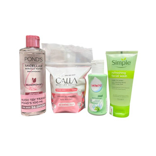 Combo du lịch mini tiện lợi 4 món : Sữa rửa mặt 50g+ Nước Tẩy trang + Dung dịch vệ sinh xanh ngọc + Bông tẩy trang 30M