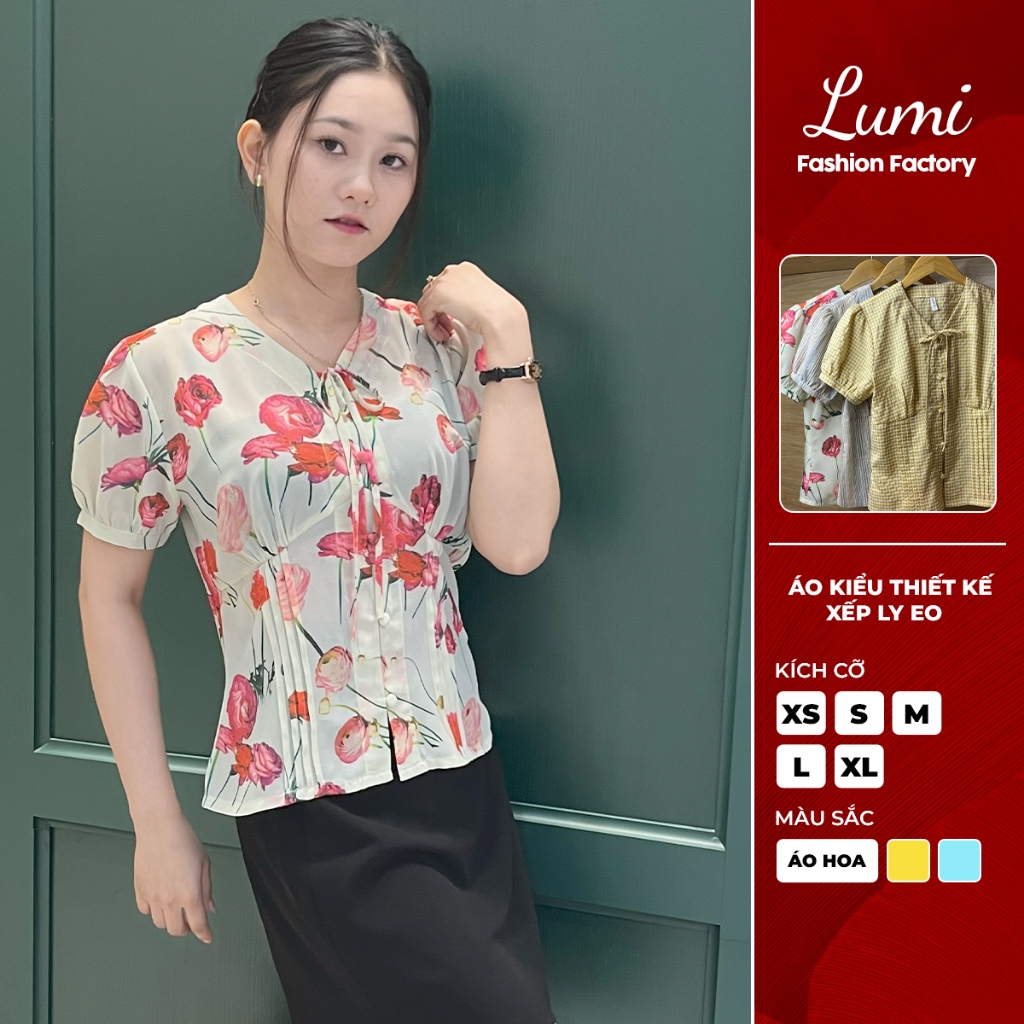 LUMI Áo kiểu nữ thiết kế xếp ly eo tay ngắn bồng chất cotton voan chéo phong cách Hàn Quốc trẻ trung