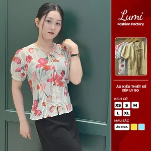 LUMI Áo kiểu nữ thiết kế xếp ly eo tay ngắn bồng chất cotton voan chéo phong cách Hàn Quốc trẻ trung