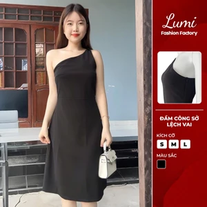 LUMI - Đầm công sở nữ lệch vai thiết kế sang chảnh dáng xòe, chất liệu vải cát Hàn mềm mát